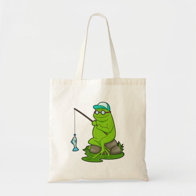 Bolsa Tote Sapo como pescador com cana de pesca e peixe (Frente)