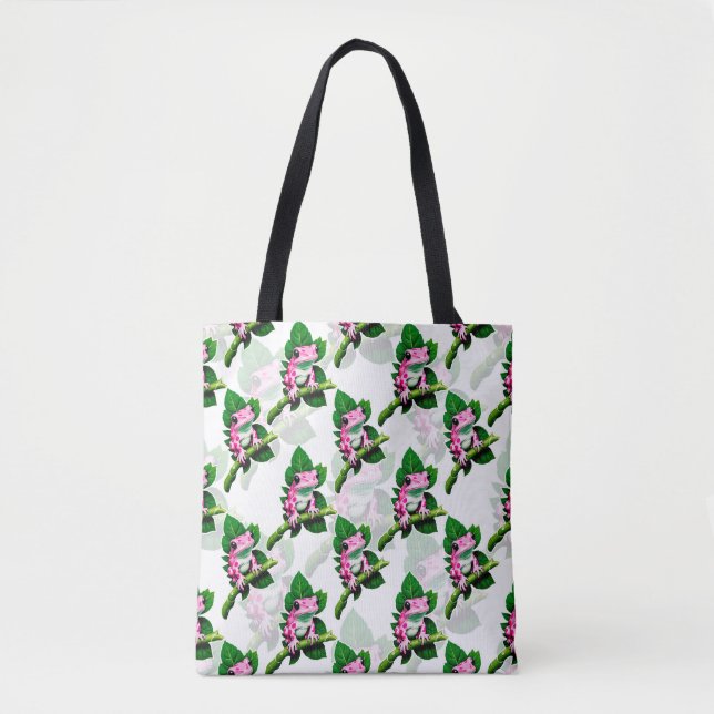Bolsa Tote Sapo Rosa em Folha Verde Design de Padrão (Frente)