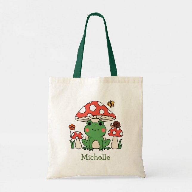 Bolsa Tote Sapo Verde Feliz e Cogumelos Personalizados (Verso)