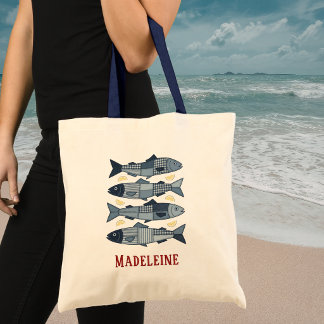 Bolsa Tote Sardinhas em Estilo Patchwork Tema Costeiro de Pra