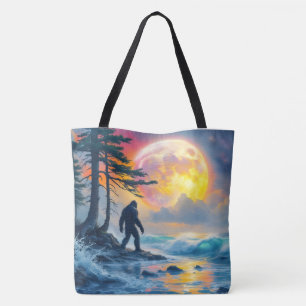 Bolsa Tote Sasquatch em Pé em uma Costa do Oceano