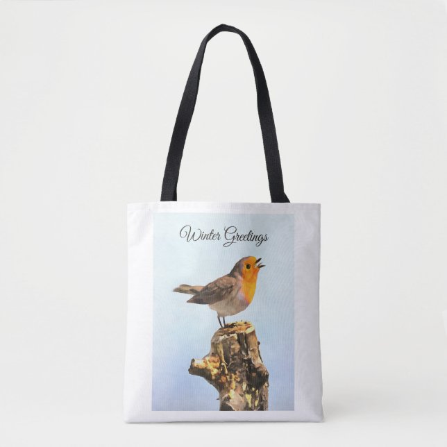 Bolsa Tote Saudações de Inverno. Robin cantando  (Frente)