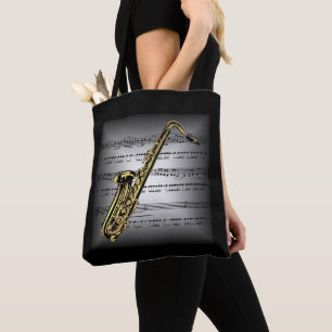 Bolsa Tote Saxofone ~ 3 D Sheet Music ~ Travesseiro Cinza/Bla