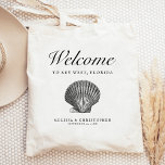 Bolsa Tote Scallop Seashell de Boas-vindas do Casamento de De<br><div class="desc">Este hotel de casamento de destino ou bolsa de favores apresenta uma ilustração antiga de uma concha de couro cabeludo sob a palavra "bem-vindo" em um roteiro elegante. Personalize-o com o local do casamento,  os nomes da noiva e do noivo,  e a data do casamento.</div>
