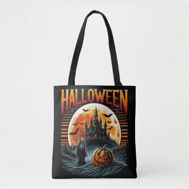 Bolsa Tote Scary Moonlit Haunted Castle Grim Reaper Halloween (Frente)