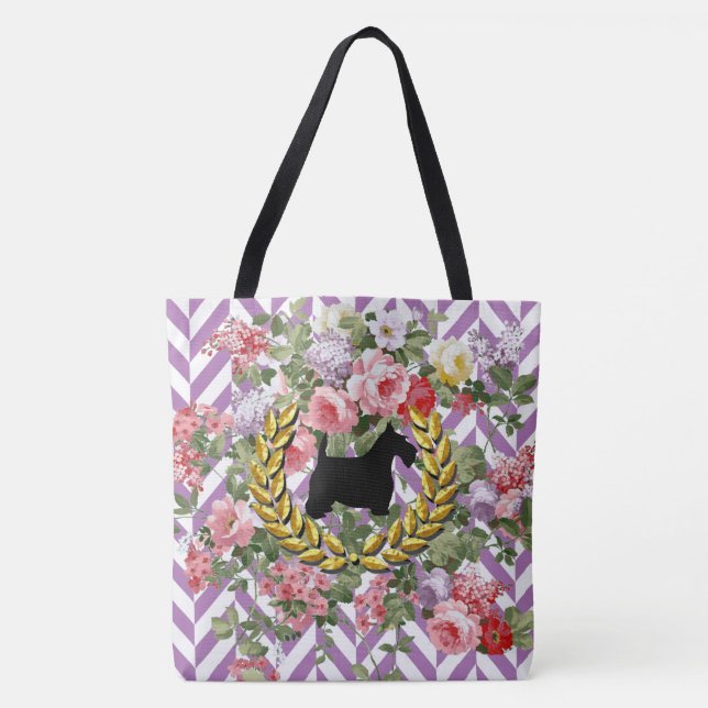 Bolsa Tote Scottie floral seu Herringbone da cor (Frente)