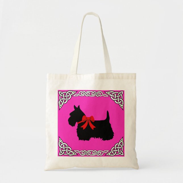 Bolsa Tote Scottish Terrier black, white cletic braid, arco (Frente)