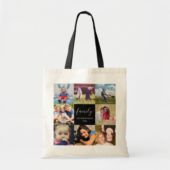 Bolsa Tote Script da família de colagem de fotos preto (Frente)