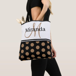 Bolsa Tote Script de Bolinhas Branco preto monograma