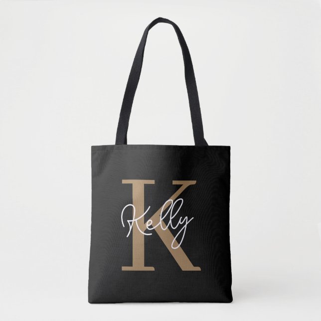 Bolsa Tote Script de Monograma Dourado Preto Moderno (Frente)