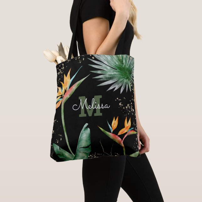 Bolsa Tote Script de Monograma Floral de Ilha Tropical Dourad (Close Up)