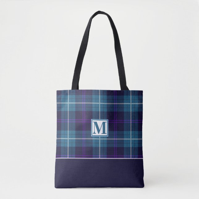 Bolsa Tote Script de Monograma Personalizado do Tartan na mod (Frente)