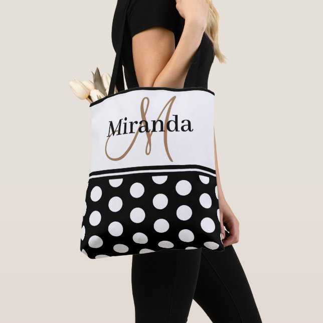 Bolsa Tote Script do Monograma do Black White Bolinhas (Close Up)