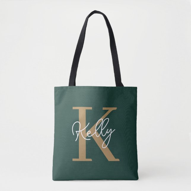 Bolsa Tote Script Dourado Monograma do Emerald Green moderno (Frente)