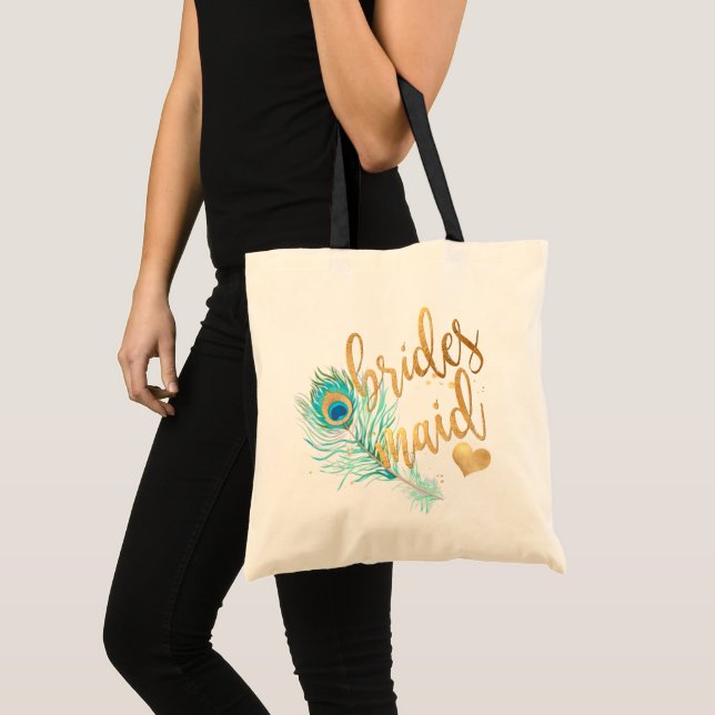 Bolsa Tote Script Dourado PixDezines Peacock Bridesmaid/Faux (Frente (produto))