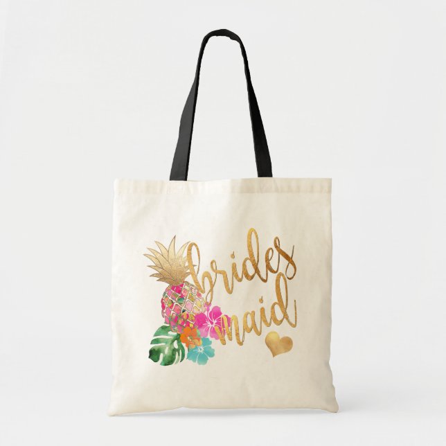 Bolsa Tote Script Dourado PixDezines Pineapple Bridesmaid/Fau (Frente)