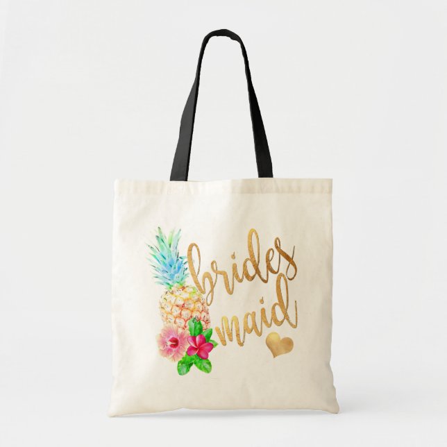 Bolsa Tote Script Dourado PixDezines Pineapple Bridesmaid/Fau (Frente)