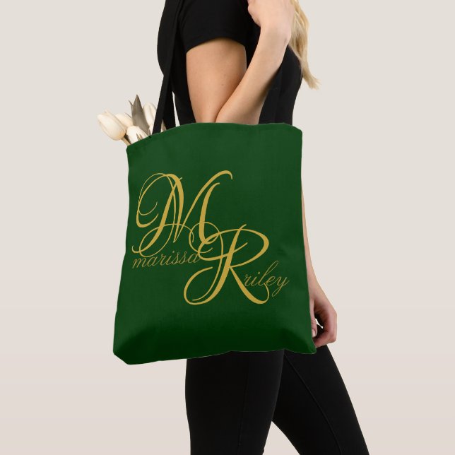 Bolsa Tote Script Elegante Verde Inicial do Nome do Monograma (Close Up)