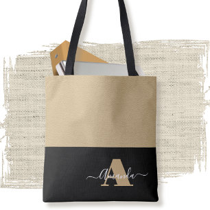 Bolsa Tote Script Mínimo de Monograma Preto-Branco-Castanho