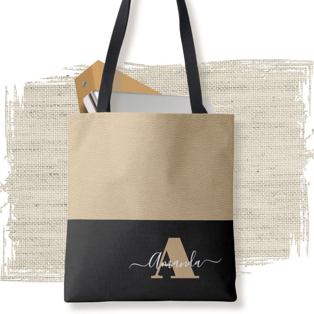 Bolsa Tote Script Mínimo de Monograma Preto-Branco-Castanho (Criador carregado)