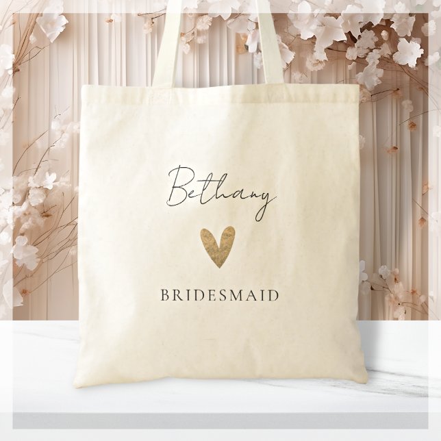 Bolsa Tote Script Moderno do Coração Dourado da Bridesmaid (Criador carregado)
