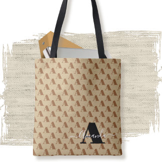 Bolsa Tote Script Monograma do Designer Preto Branco Castanho