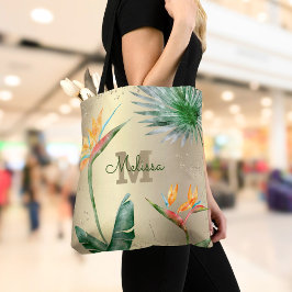 Bolsa Tote Script Monograma Floral de Ilha Tropical de Folha 