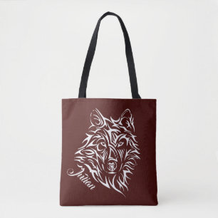 Bolsa Tote Script White Wolf Head no Sangue Red Personal Name