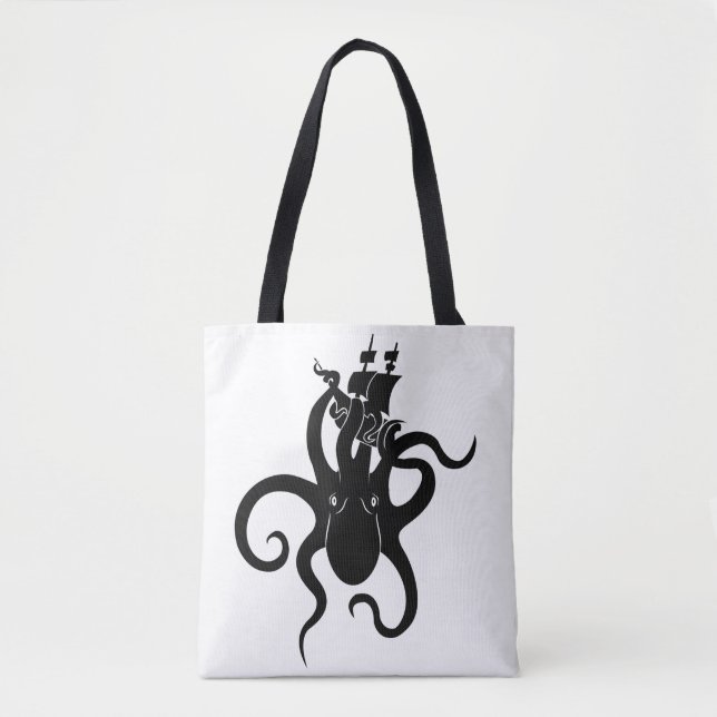 Bolsa Tote Sea Monster Blue e Black Kraken com navio (Frente)