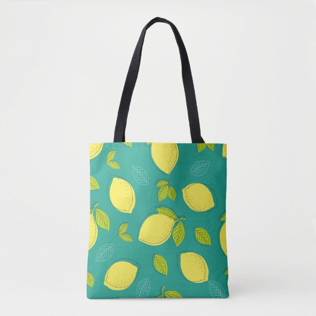 Bolsa Tote Seamless Hand Drawn Lemon with Leaves Pattern in B (Frente)