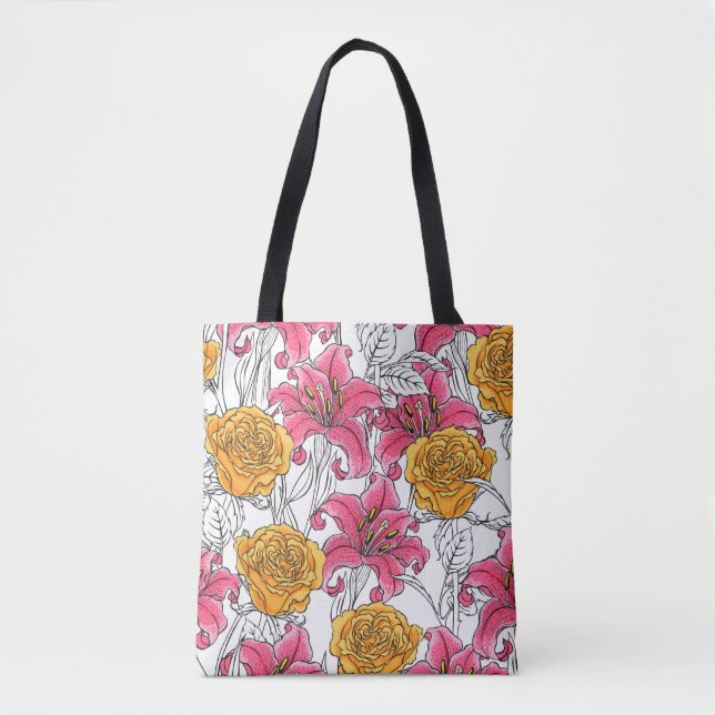 Bolsa Tote Seamless pattern with roses and lilies. Hand drawn (Frente)