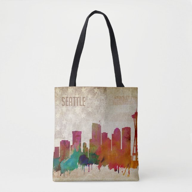 Bolsa Tote Seattle, skyline da cidade da aguarela de WA | (Frente)
