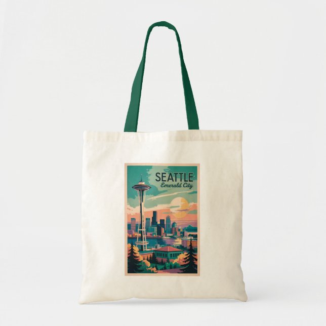Bolsa Tote Seattle Washington Skyline Viagem Art Vintage (Frente)