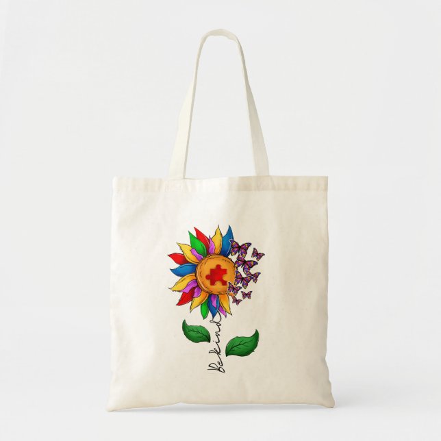 Bolsa Tote Seja gentil, girassol - consciência do autismo (Frente)