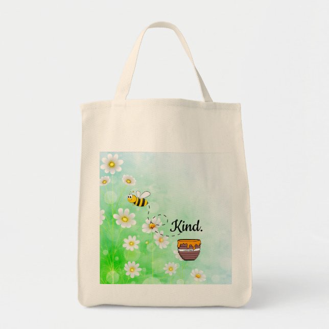 Bolsa Tote Seja gentil | Texto Floral Branco e Verde Belo (Frente)