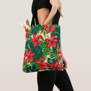 Bolsa Tote Selva colorida tropical hibiscus vermelha e verde