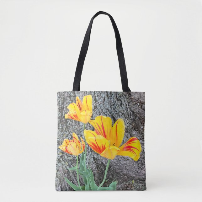 Bolsa Tote Sequência de três tulipas amarelas / (Frente)