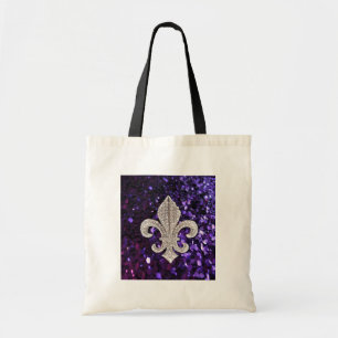 Bolsa Tote Sequins da flor de lis da jóia da faísca roxos