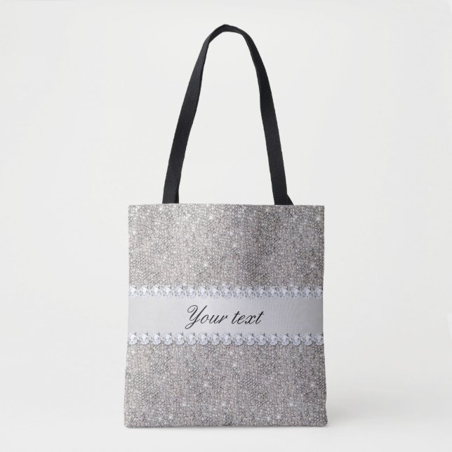 Bolsa Tote Sequins e diamantes de prata do falso (Frente)