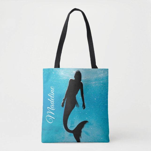 Bolsa Tote Sereia Black Blue Ocean Summer Modern Beach (Frente)