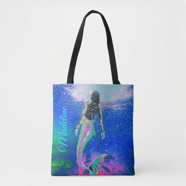 Bolsa Tote Sereia Blue Ocean Pink Summer Modern Beach (Frente)