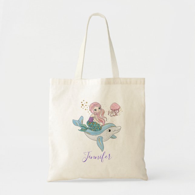Bolsa Tote Sereia Fofa Andando por um golfinho sob o mar (Frente)