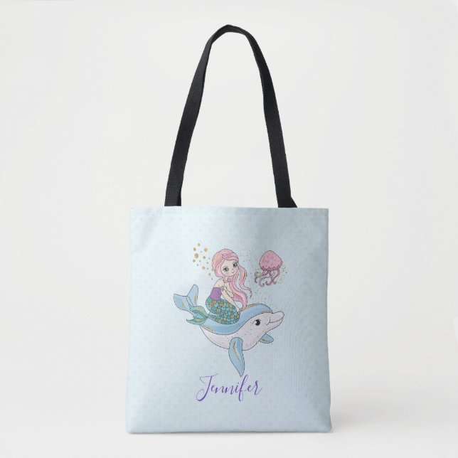 Bolsa Tote Sereia Fofa Andando um Golfinho Sob o Mar (Frente)