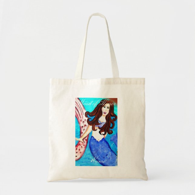 Bolsa Tote sereia madrinha de casamento morena de cauda azul (Frente)