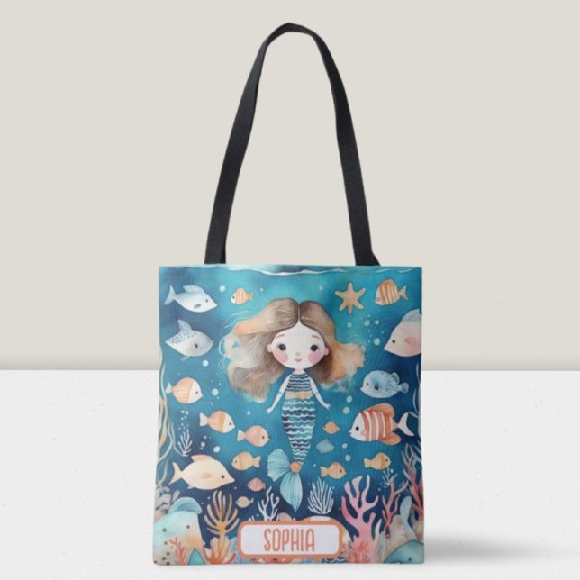 Bolsa Tote Sereia Pequenina Fofa Sob O Mar com Peixe Coral (Criador carregado)