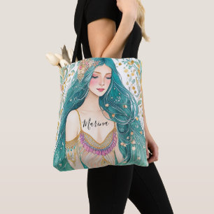 Bolsa Tote Sereia Princesa Floral Fantasia Teal Dourado Etére