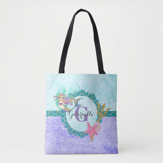 Bolsa Tote Sereia Úmida Cúbica Teal e Monograma Roxo (Frente)