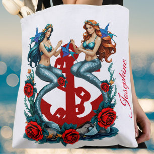 Bolsa Tote Sereias Anchor Rosas vermelhas Azuis Brancas Flora