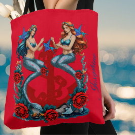 Bolsa Tote Sereias Anchor Vermelho Floral Azul