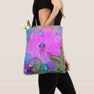 Bolsa Tote Sereias e conchas marítimas sob o mar, brilho rosa